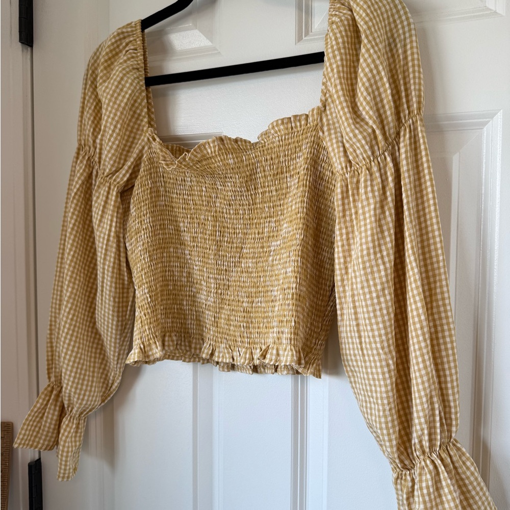 Urban Outfitters Yellow Ruffled Ruche Crop‎ Top Smocked Long Sleeve Checkered S - Picture 4 of 14